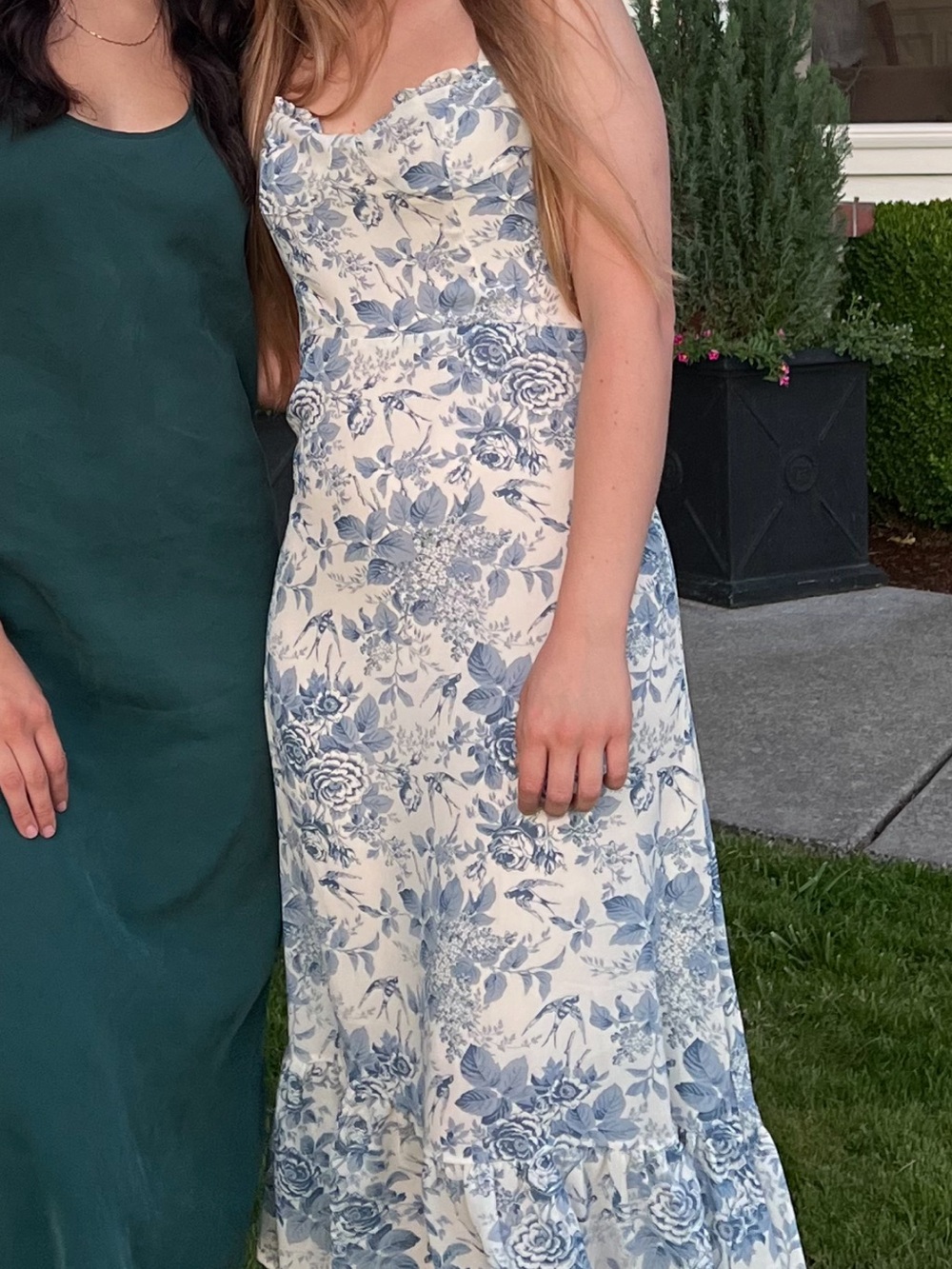 Floral Blue and Cream Maxi Dress with Ruffle Hem